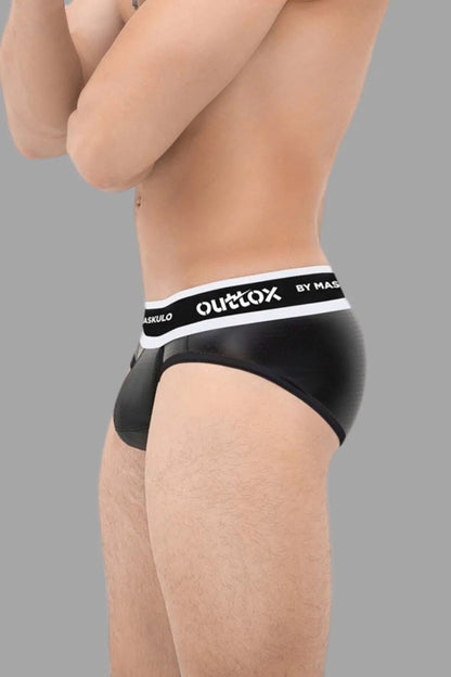 Maskulo Outtox Wrapped Rear Briefs with Snap Codpiece in Black. Fetish leather-look underwear with slotted backwrap for easy access.