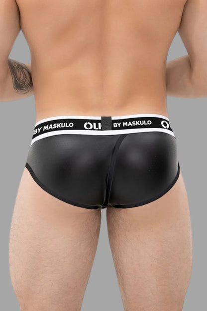 Maskulo Outtox Wrapped Rear Briefs with Snap Codpiece in Black. Fetish leather-look underwear with slotted backwrap for easy access.