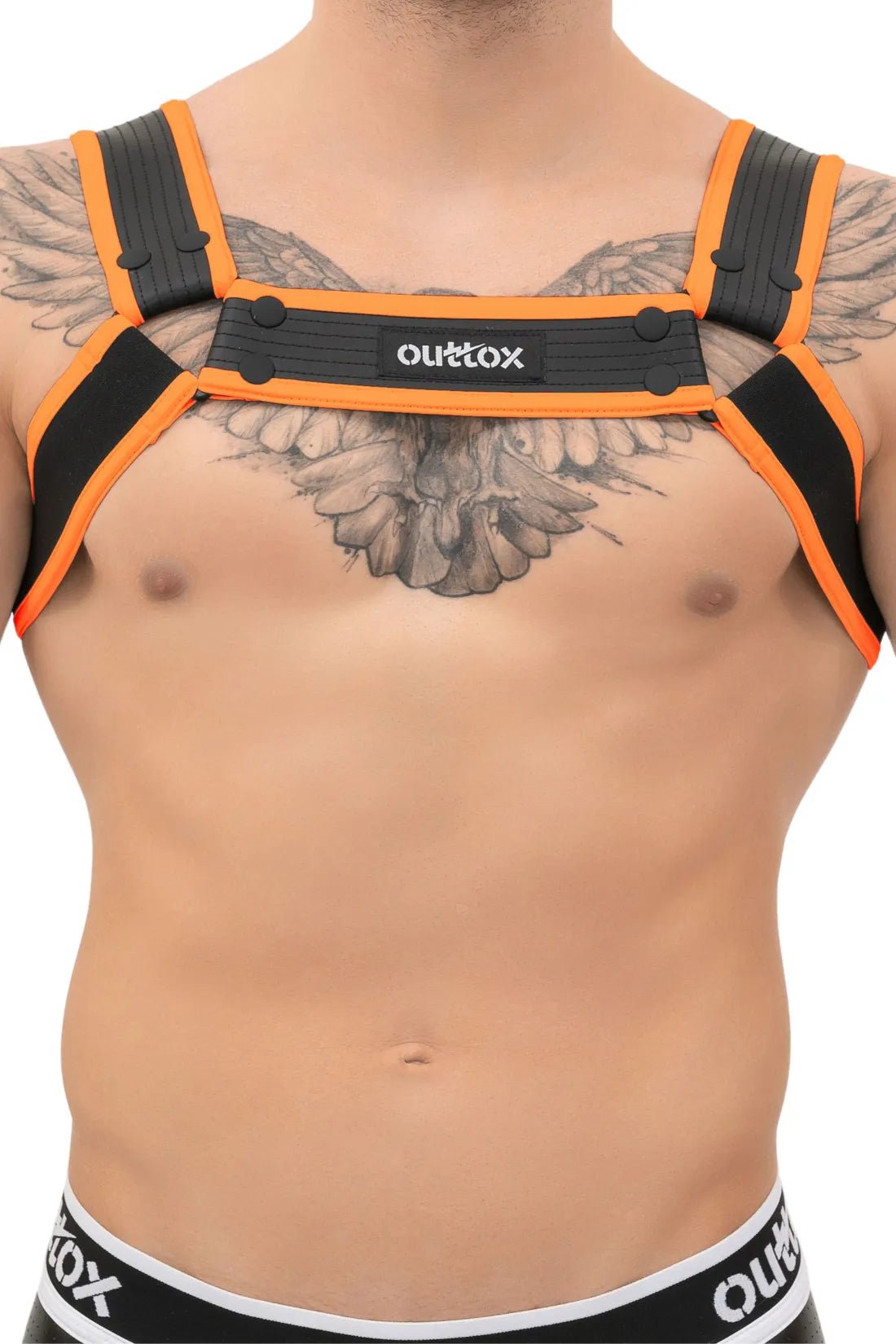Maskulo Outtox Bulldog Harness with snaps in black and red. Stylish accessory for bold looks, adjustable fit, comfortable wear.