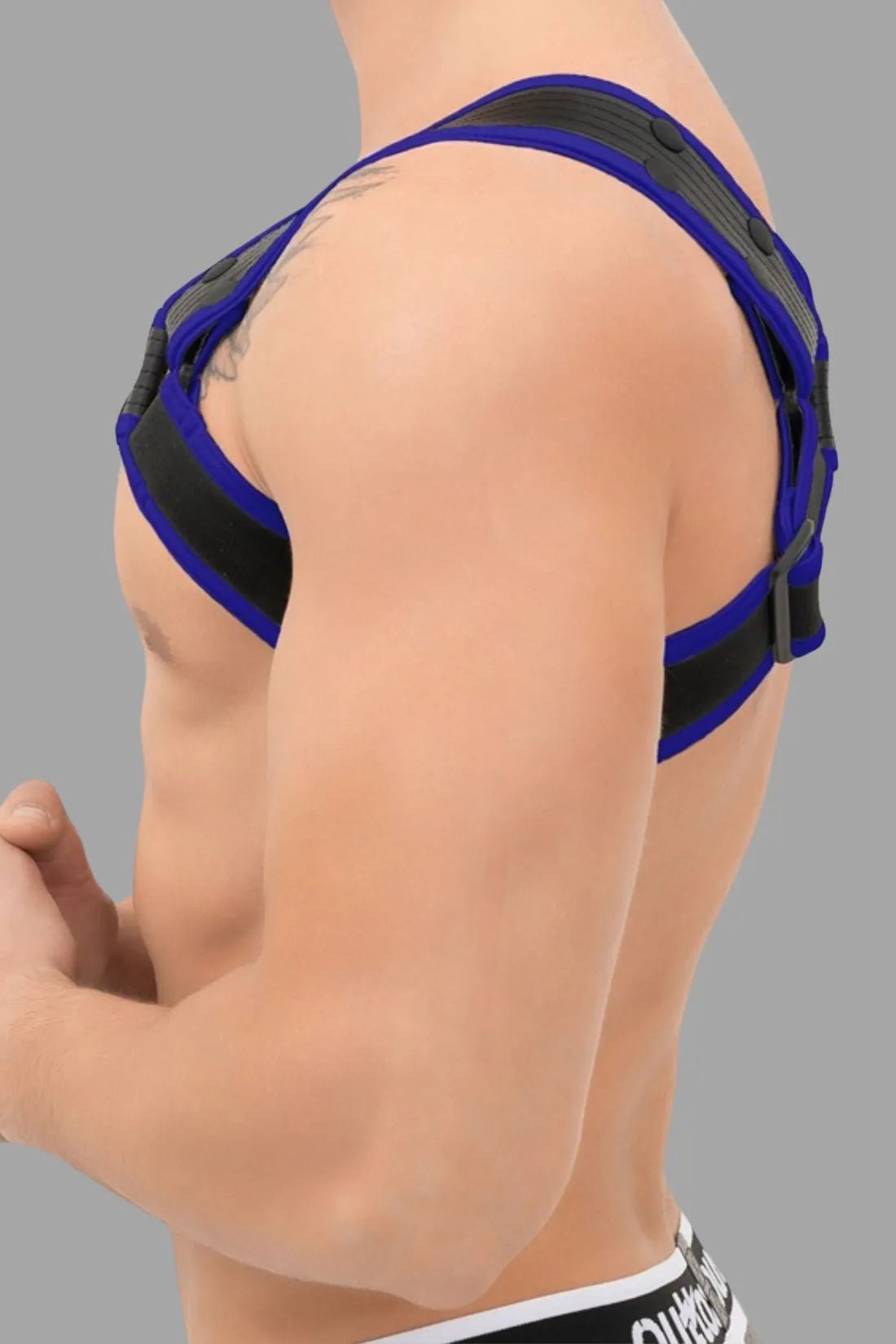 Outtox by Maskulo Black &amp; Blue Bulldog Harness with Snaps. PU leather fetish-style harness with adjustable straps for comfort and bold look.