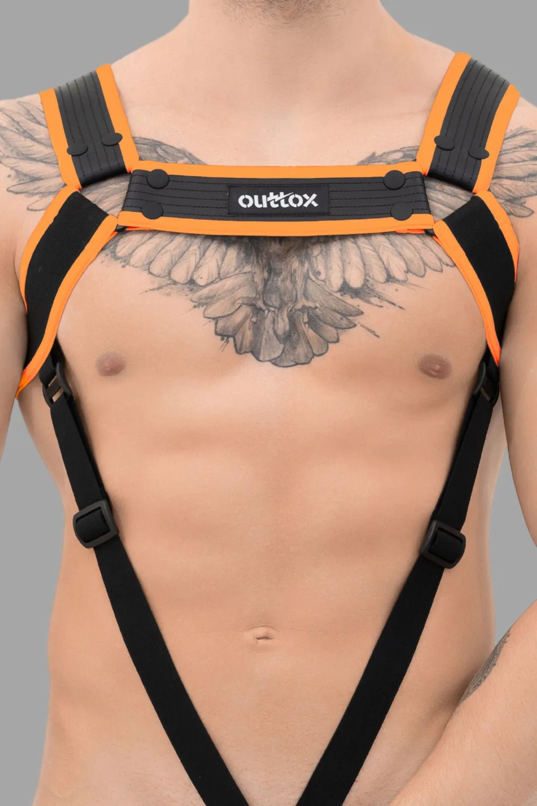 Black and orange body harness with snaps by Outtox from Maskulo Global (EU) online store. Accessory, new, for adult males.