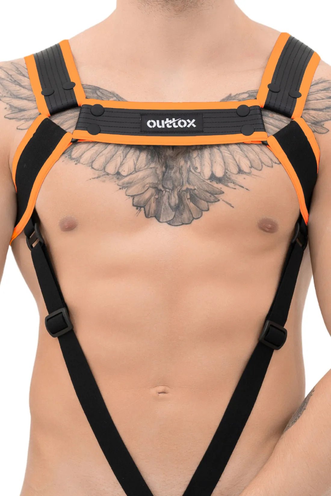 Black and orange body harness with snaps by Outtox from Maskulo Global (EU) online store. Accessory, new, for adult males.