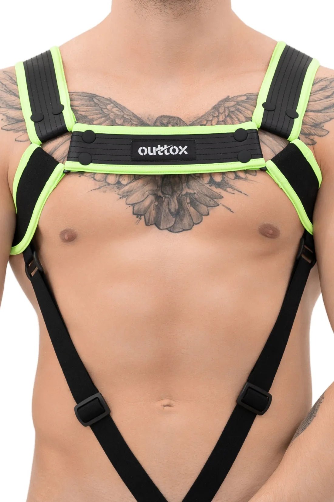 Outtox body harness with snaps in black and neon green from Maskulo Global (EU) store, a stylish and adjustable body accessory.