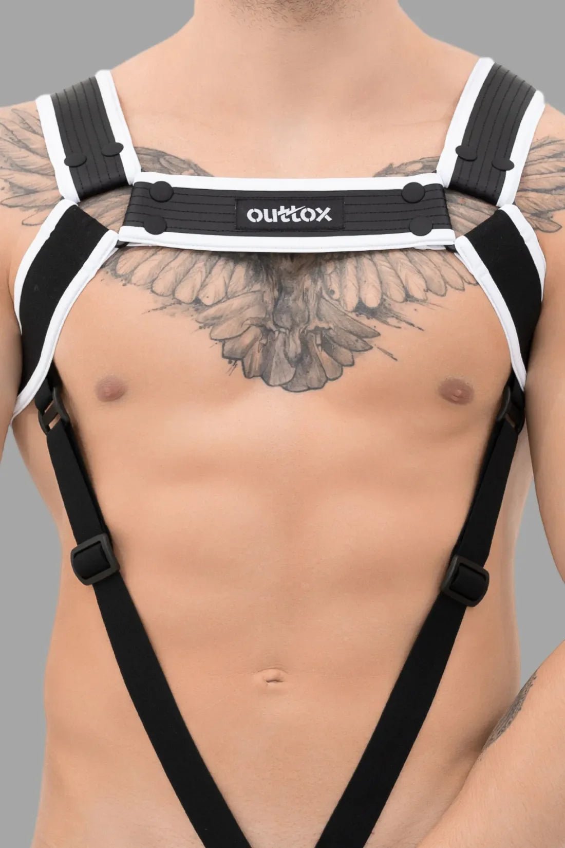 Outtox body harness with snaps in black and white (Style HR171-80, XHR117) from Maskulo Global (EU) online store.