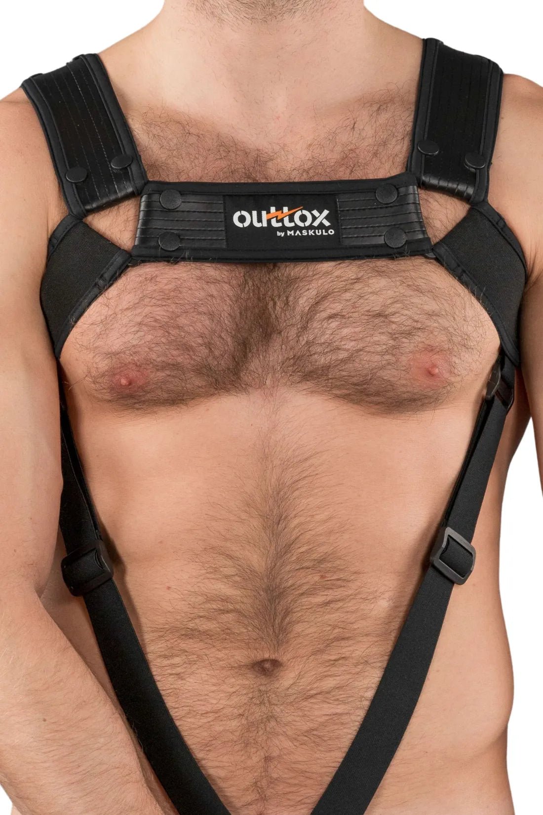 Outtox Maskulo Body Harness with Snaps in Black. Stylish accessory for an edgy look from Maskulo Global (EU) online store.