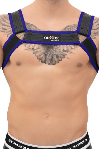 Black and blue body harness with snaps by Outtox/Maskulo, size L. Comfortable and stylish accessory for men. SKU: XHR123-Y3.