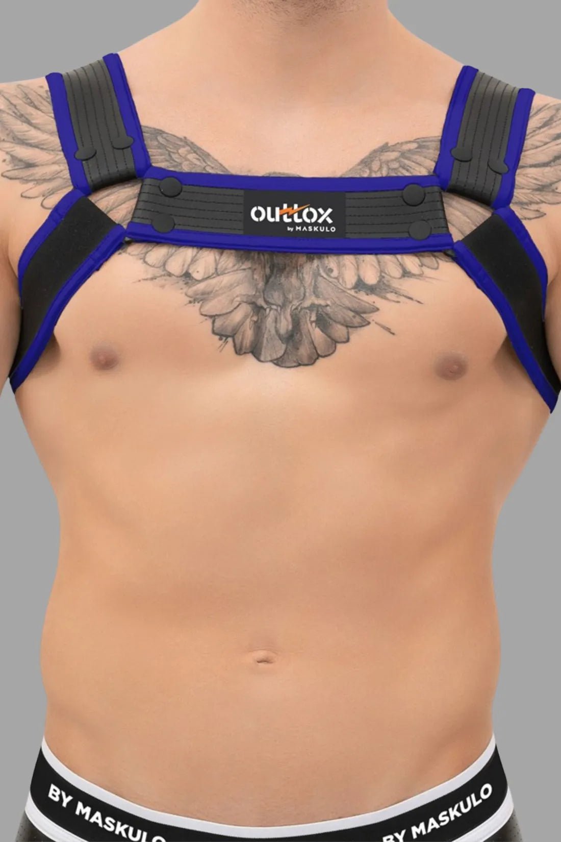 Outtox by Maskulo Bulldog Harness: black and blue PU leather straps, snaps, and buckles. Fetish clubwear accessory for men.