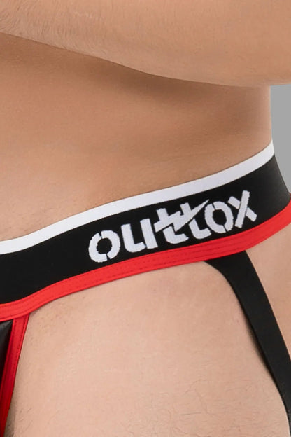 Outtox Black &amp; Red Jockstrap with Snap Codpiece. Polyester/polyurethane/elastane blend, perforated PU eco leather. Maskulo underwear.