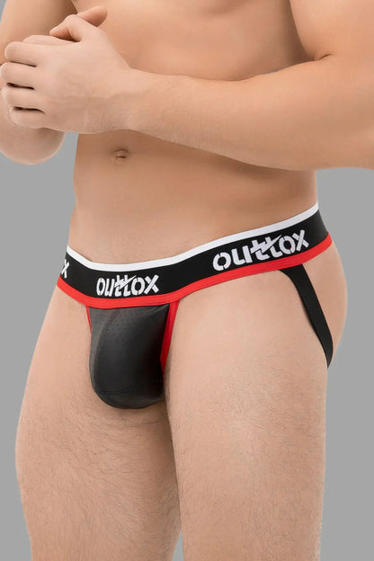 Outtox jockstrap with snap-on codpiece, black and red design (XJS102), available in size M for 35 EUR at Maskulo Global.