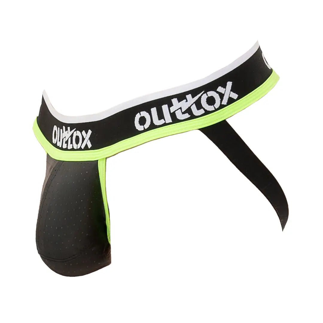 Outtox jockstrap with snap codpiece in black and neon green from Maskulo Global online store. Jock with codpiece for men.