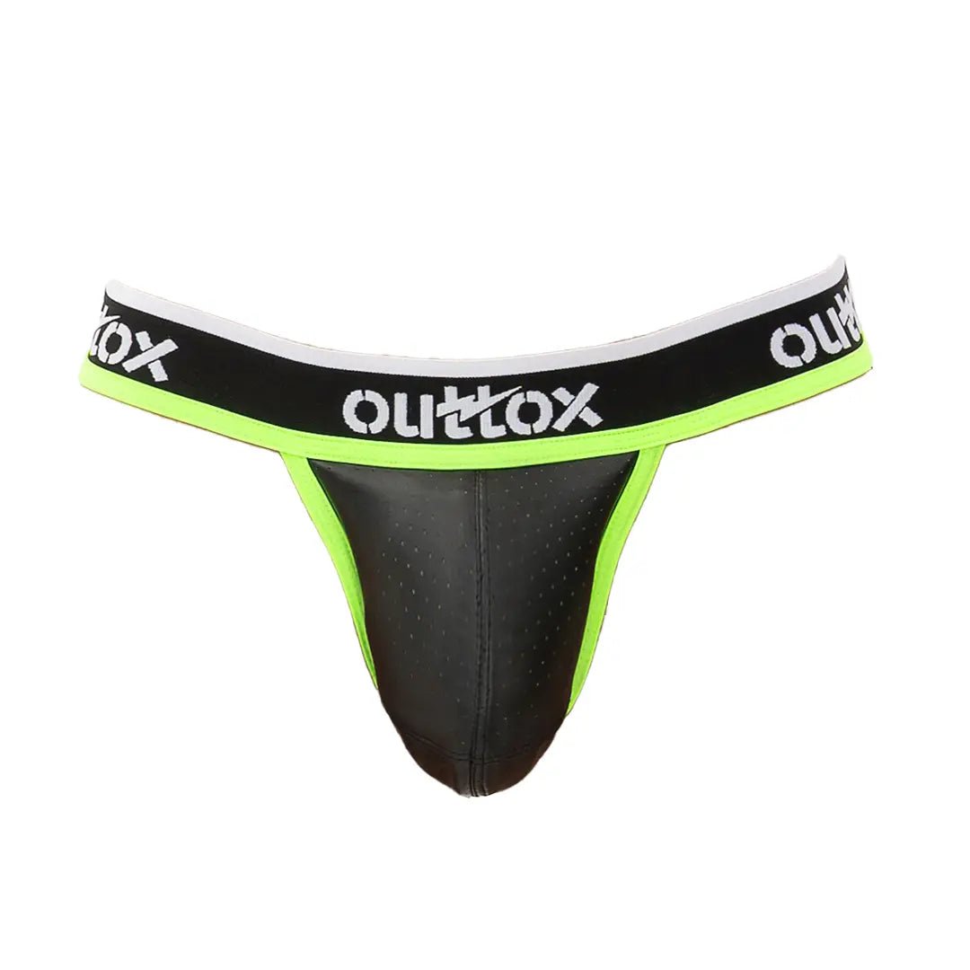 Maskulo Outtox jockstrap with snap codpiece in black and neon green, an accessory for men, available from Maskulo Global store.