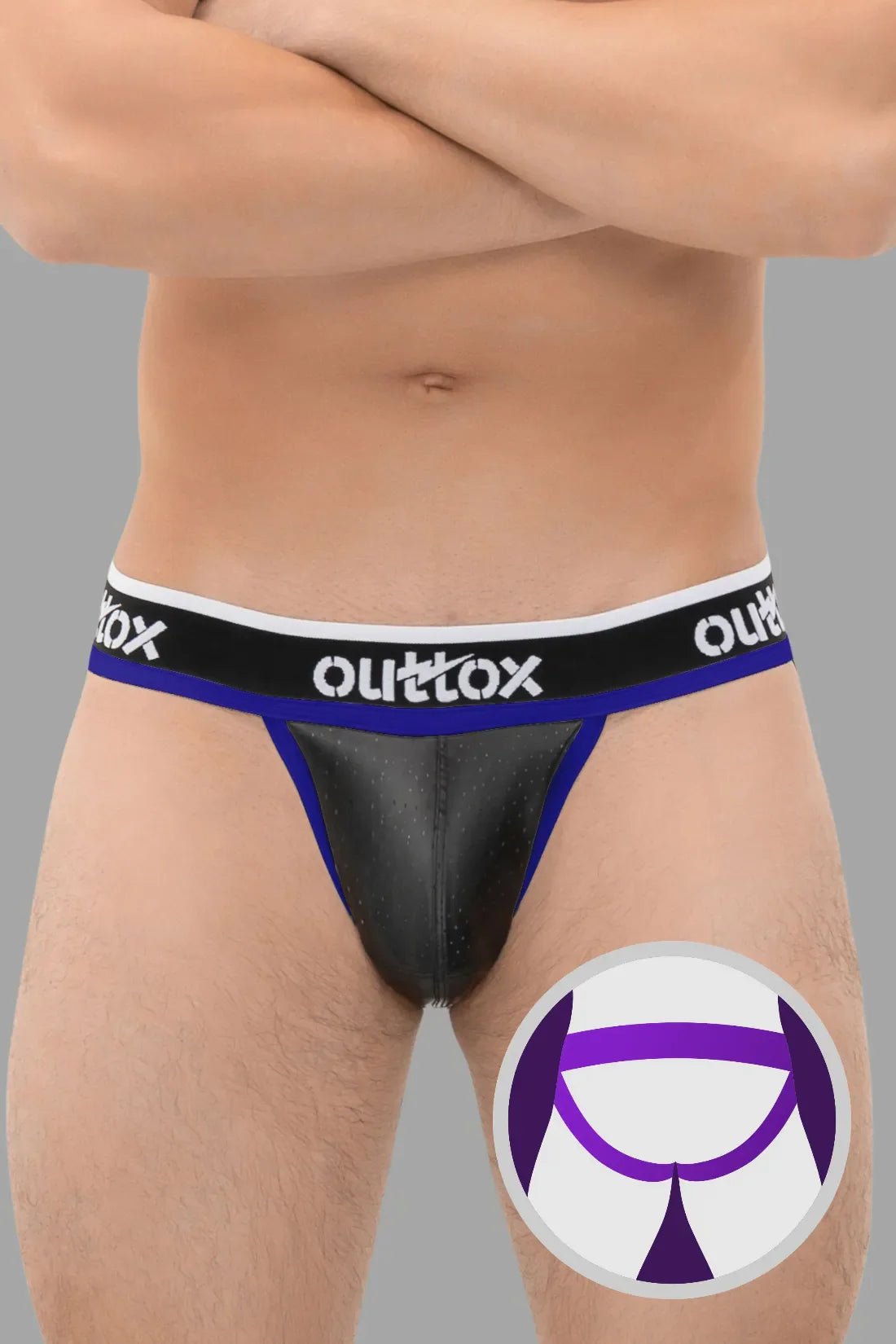 Outtox Black &amp; Royal Blue Jockstrap w/ Snap Codpiece. Perforated PU eco leather, polyester/polyurethane/elastane blend. JS170-62 / XJS105.