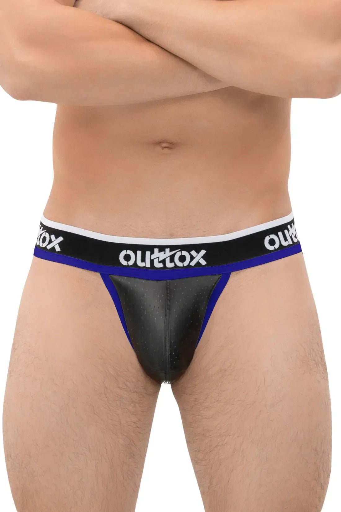 Outtox Black &amp; Royal Blue Jockstrap w/ Snap Codpiece. Perforated PU eco leather, polyester/polyurethane/elastane blend. JS170-62 / XJS105.