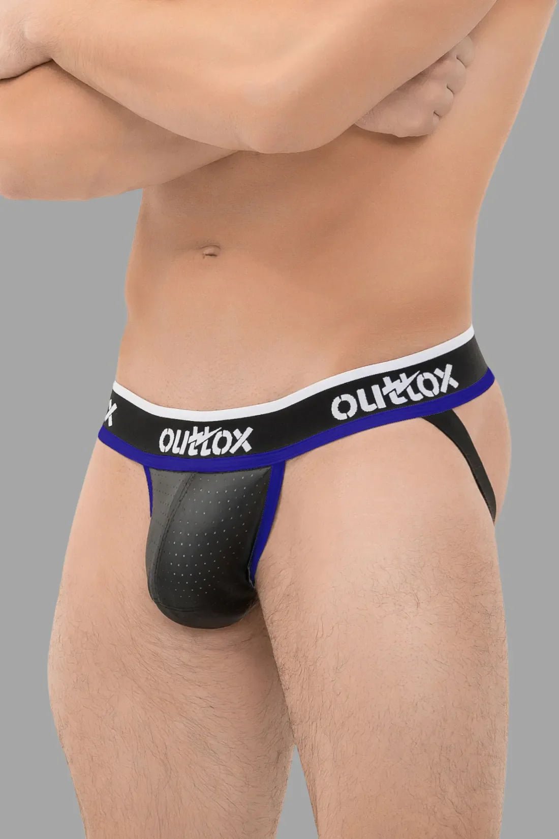 Maskulo Outtox Jock with Snap Codpiece in Black and Royal Blue. An edgy accessory for men from the Maskulo Global online store.