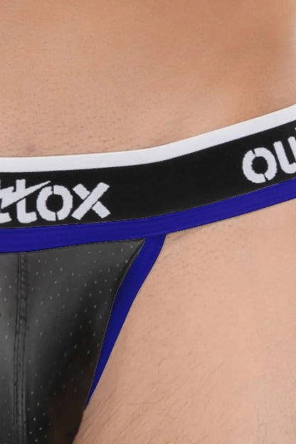 Outtox jockstrap with snap codpiece in black and royal blue from Maskulo Global (EU) online store. Male underwear accessory.