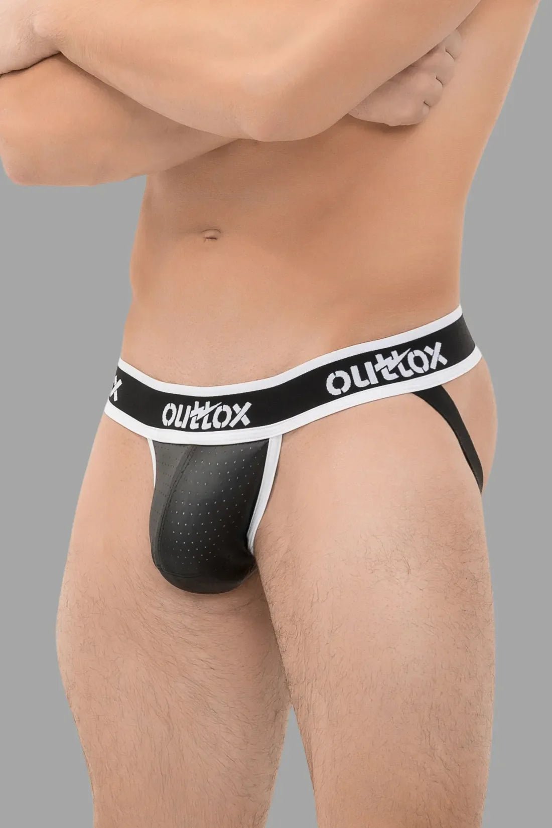 Black and white Outtox jock with snap codpiece by Maskulo. Men&