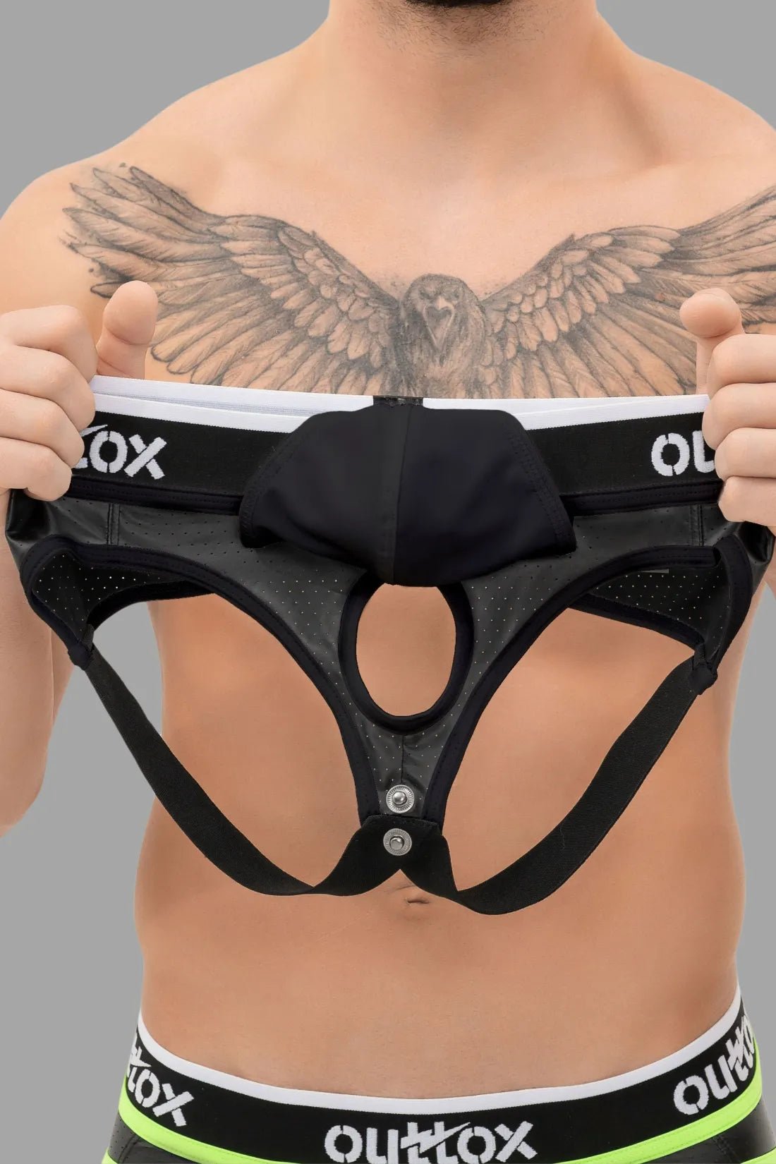 Maskulo Outtox Jockstrap with snap codpiece in black. Men&