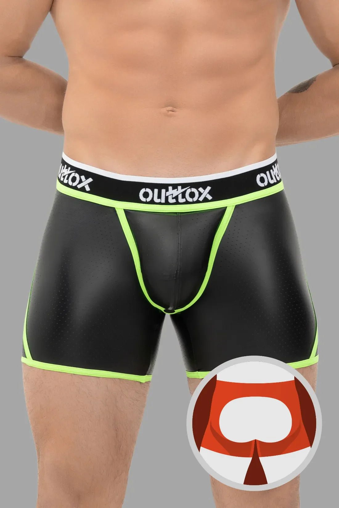 Outtox Black/Green Open Rear Shorts with Snap Codpiece. Polyester/PU eco leather blend for comfort &amp; durability. Style XSH107.