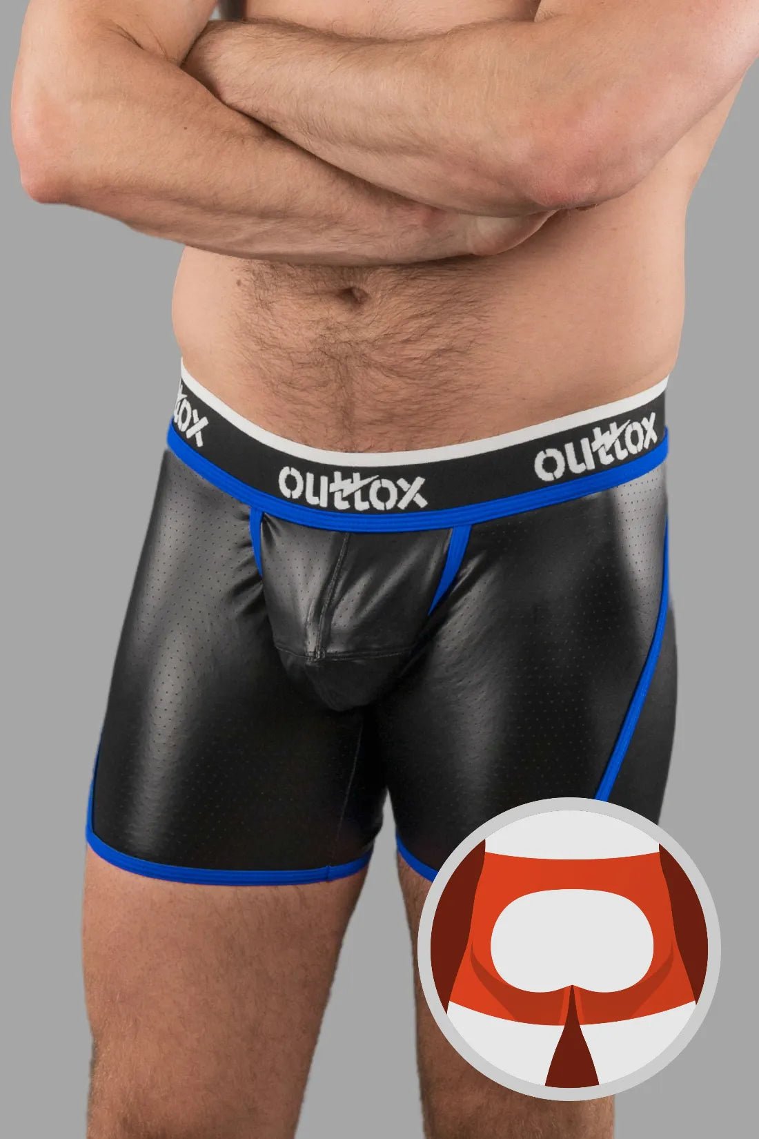 Outtox Black &amp; Blue Open Rear Shorts with Snap Codpiece. Perforated PU eco leather, polyester blend. Bold fetish shorts by Maskulo.