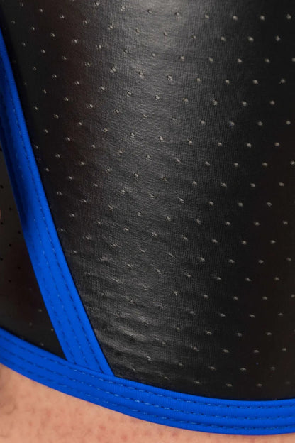 Outtox Open Rear Shorts in Black and Blue. Features a snap codpiece, perforated PU eco leather material, logo waistband, and open rear.