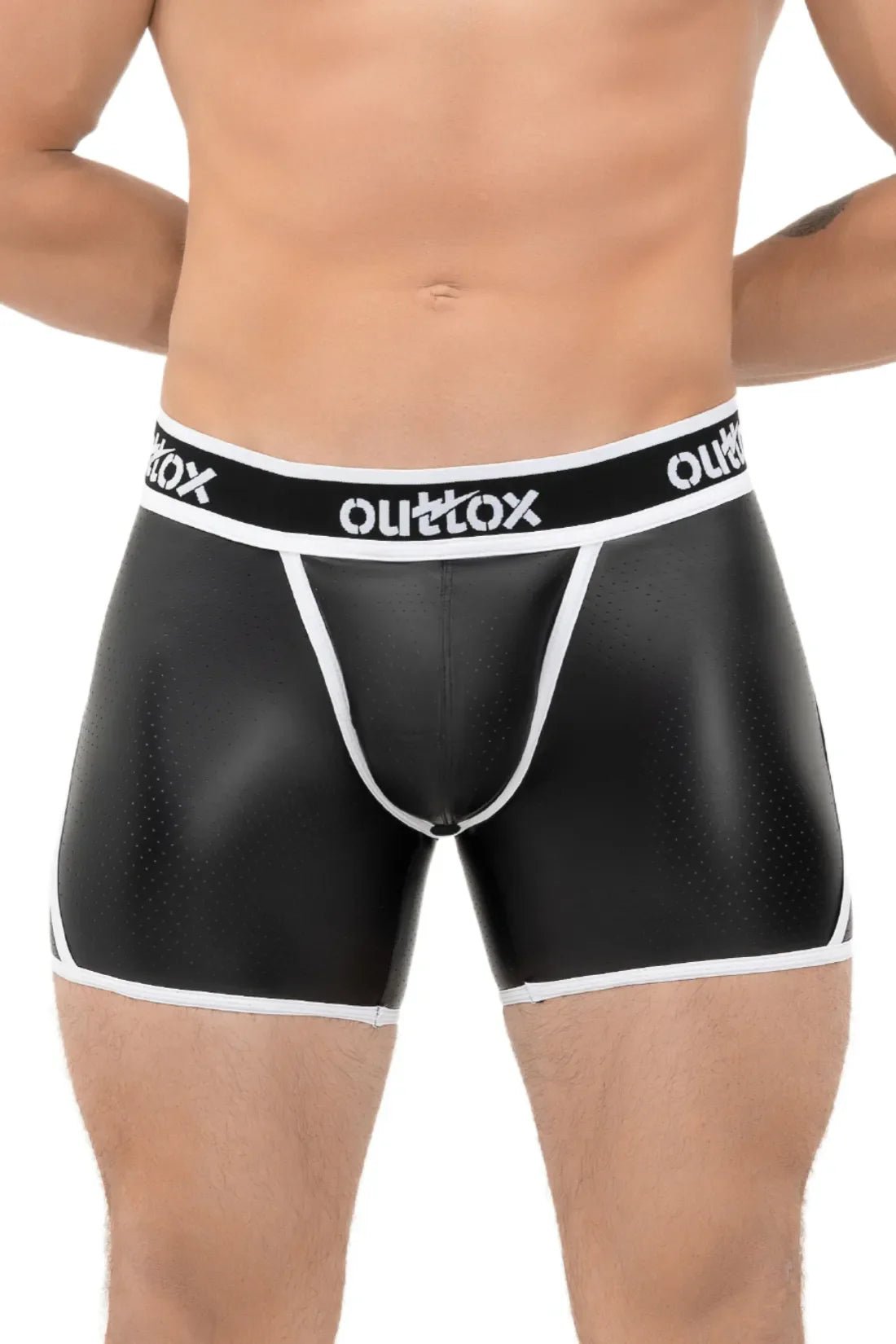 Outtox wrap rear short tights with snap codpiece in black and orange from Maskulo Global (EU) online store. Durable fashion for adults.