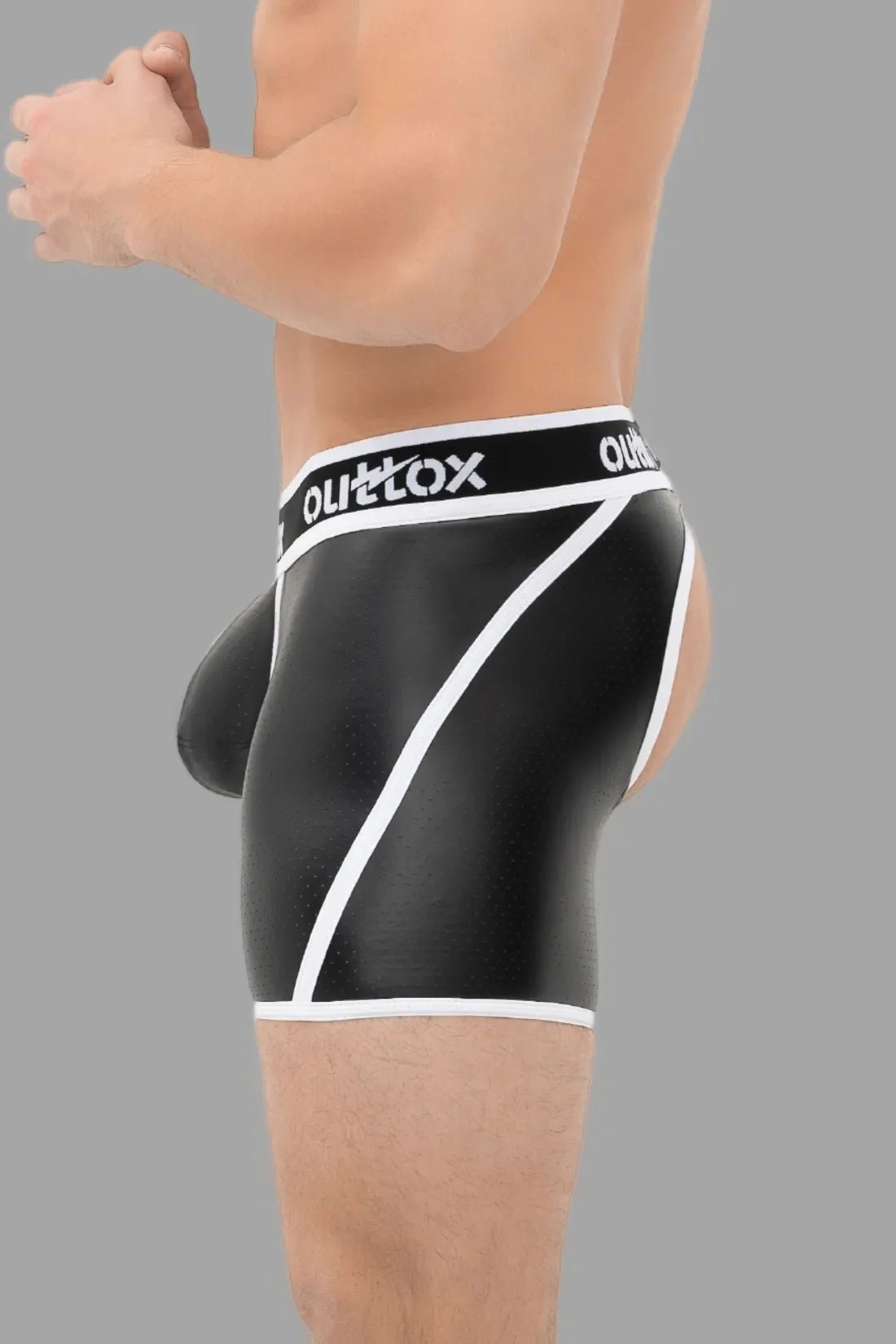 Outtox Open Rear Shorts with Snap Codpiece in Black and White by Maskulo, leather-look with snaps. Perfect for bold wear.