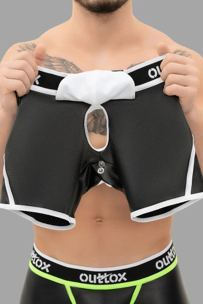 Outtox Open Rear Shorts with Snap Codpiece in Black and White by Maskulo, leather-look with snaps. Perfect for bold wear.