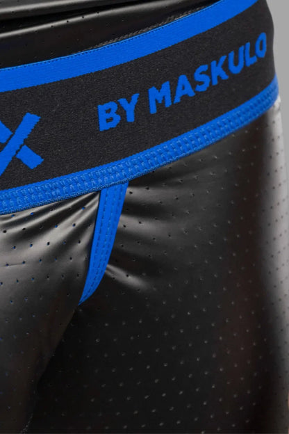 Outtox by Maskulo Wrapped Rear Shorts in black and blue, featuring a snap codpiece and perforated PU eco leather material.