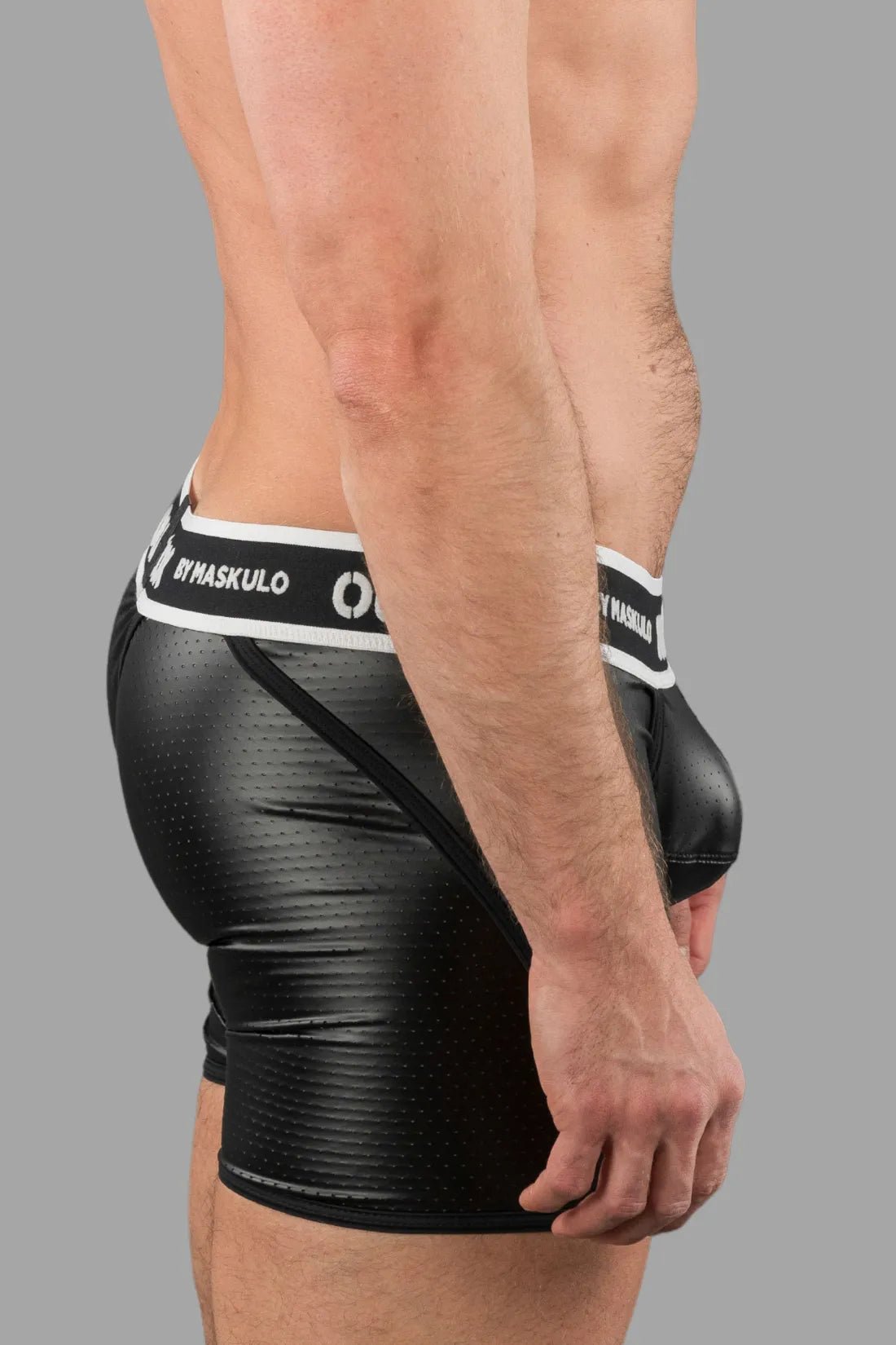 Black Outtox Maskulo wrapped rear shorts with snap codpiece from Maskulo Global (EU) online store. Durable fetish wear.