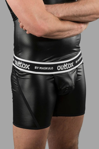 Outtox by Maskulo black shorts with snap codpiece and wrapped rear. Polyester, PU eco leather, and elastane blend for comfort and style.