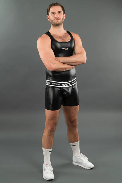 Black Outtox Maskulo wrapped rear shorts with snap codpiece from Maskulo Global (EU) online store. Durable fetish wear.