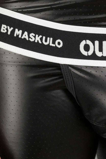 Outtox by Maskulo black shorts with snap codpiece and wrapped rear. Polyester, PU eco leather, and elastane blend for comfort and style.