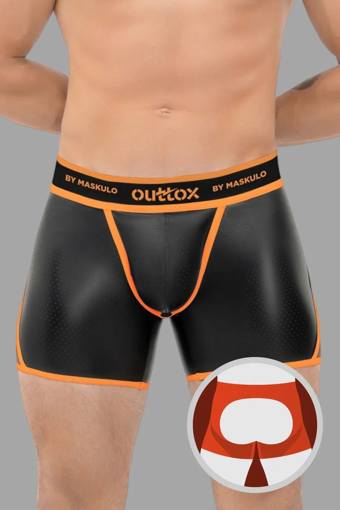 Outtox by Maskulo Open Rear Shorts with Snap Codpiece in Black and Orange, made of polyester, polyurethane, and elastane blend.