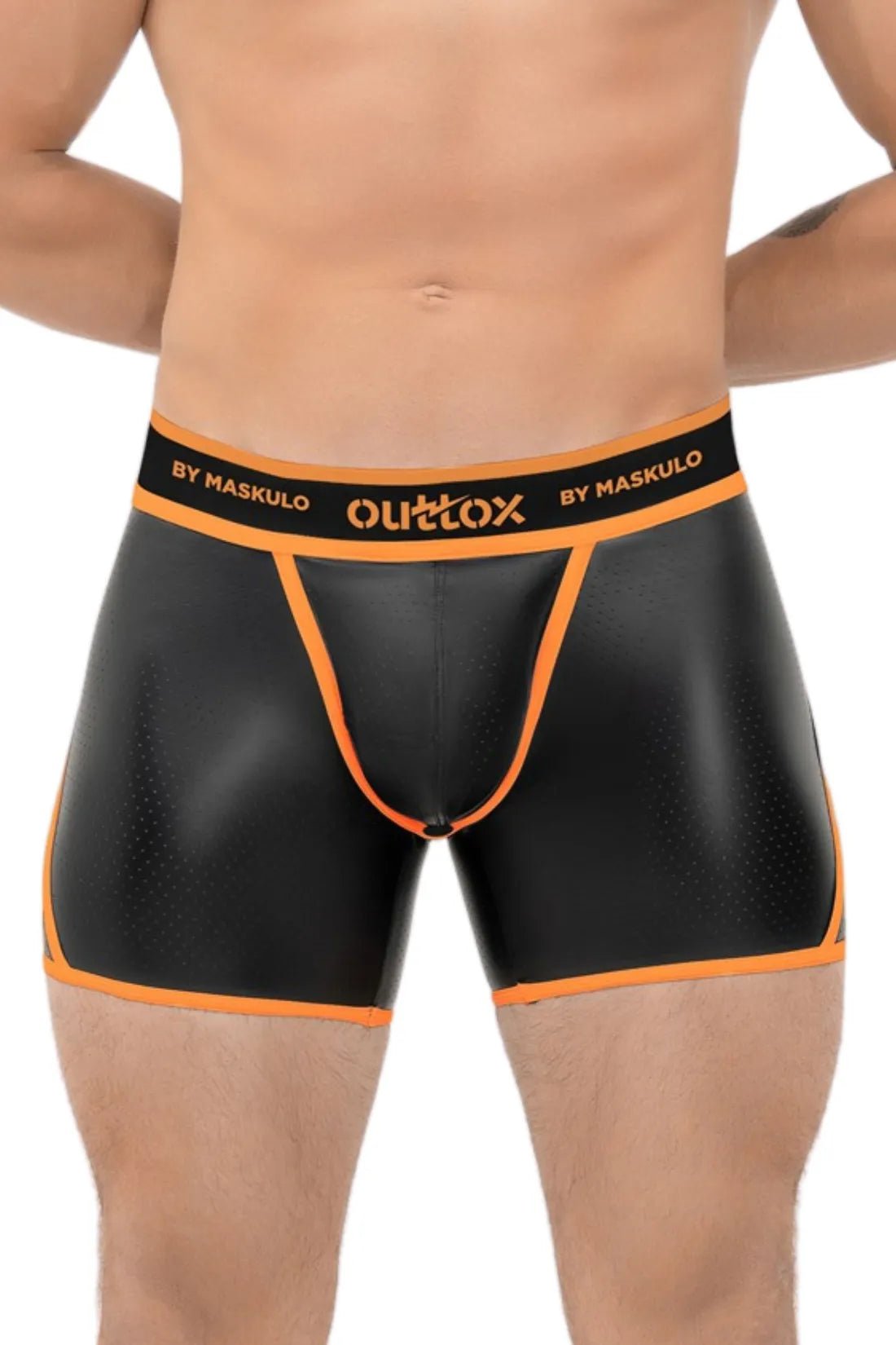 Orange Outtox by Maskulo Open Rear Shorts with Snap Codpiece, offering a provocative look. Perfect for men&