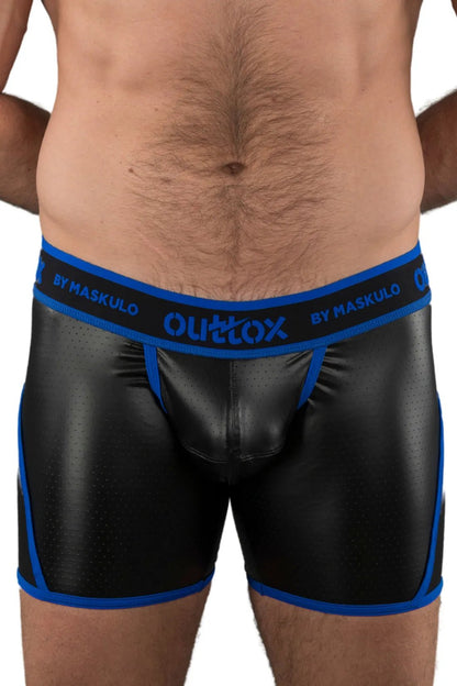 Outtox by Maskulo Open Rear Shorts with Codpiece in Black and Blue, male adult new condition, SKU XSH119-Y3, product image.