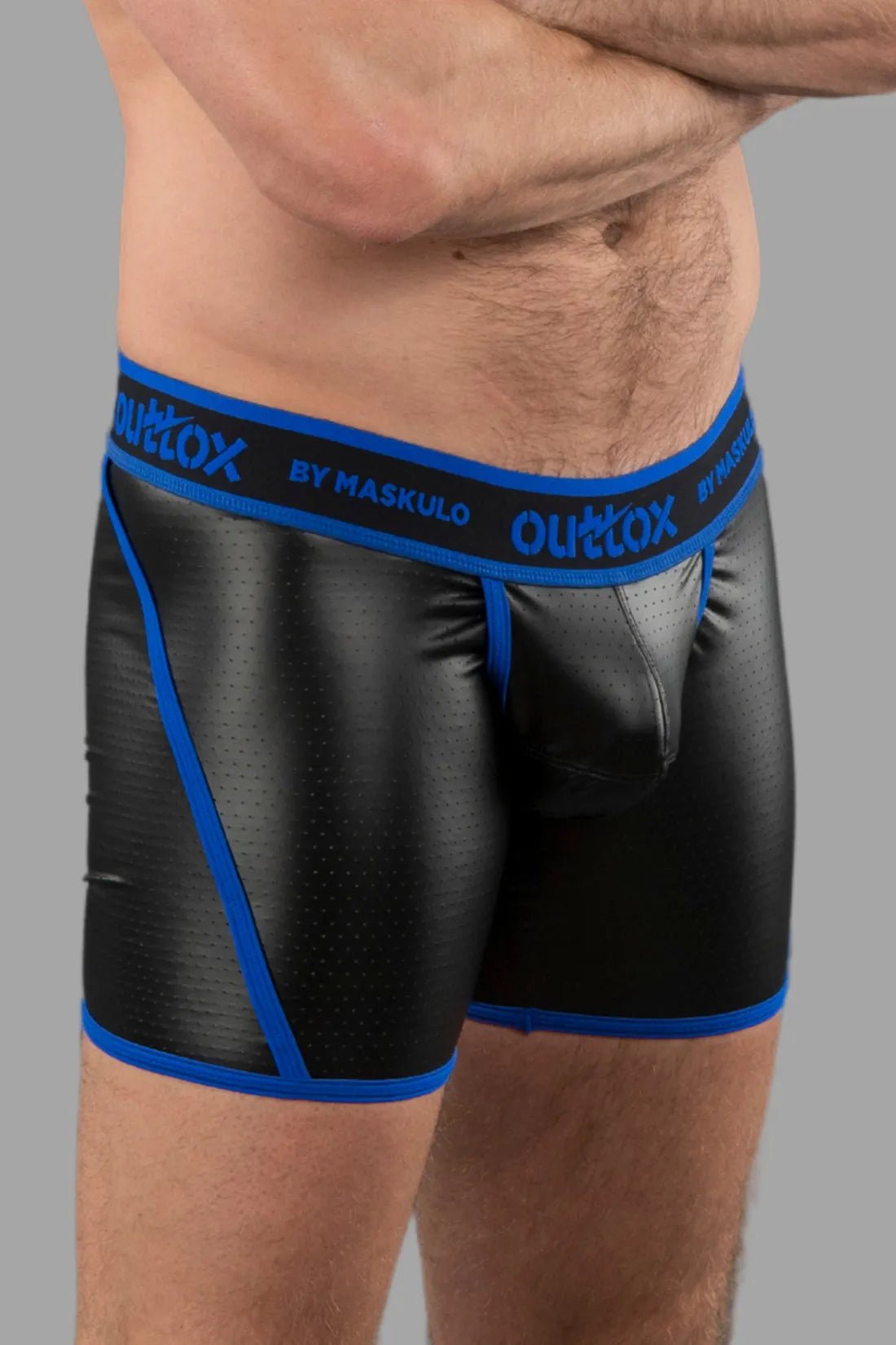 Outtox by Maskulo Open Rear Shorts with Codpiece in Black and Blue, male apparel accessory.