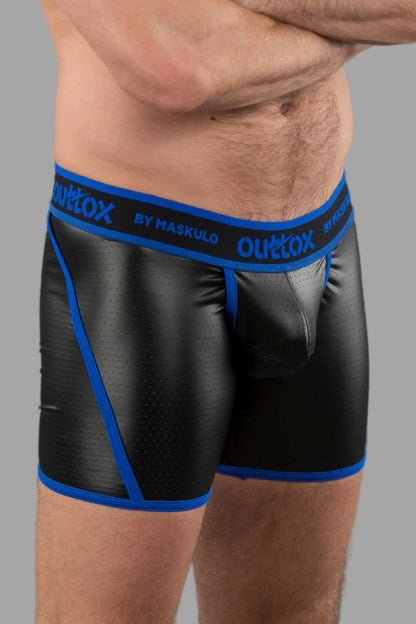 Outtox by Maskulo Open Rear Shorts with Codpiece in Black and Blue, male apparel accessory.