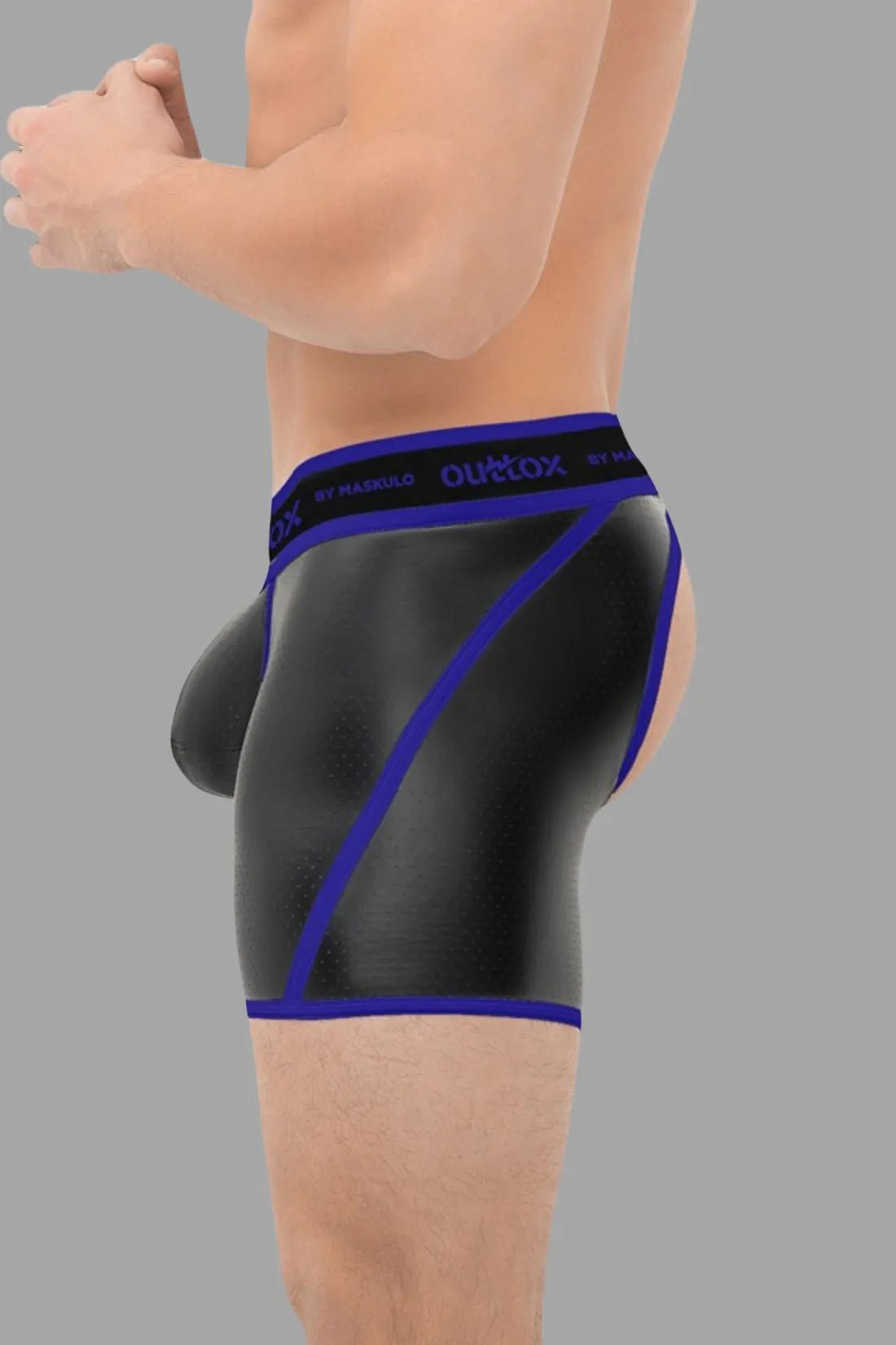 Outtox by Maskulo Open Rear Shorts with Codpiece in Black and Blue, male adult new condition, SKU XSH119-Y3, product image.