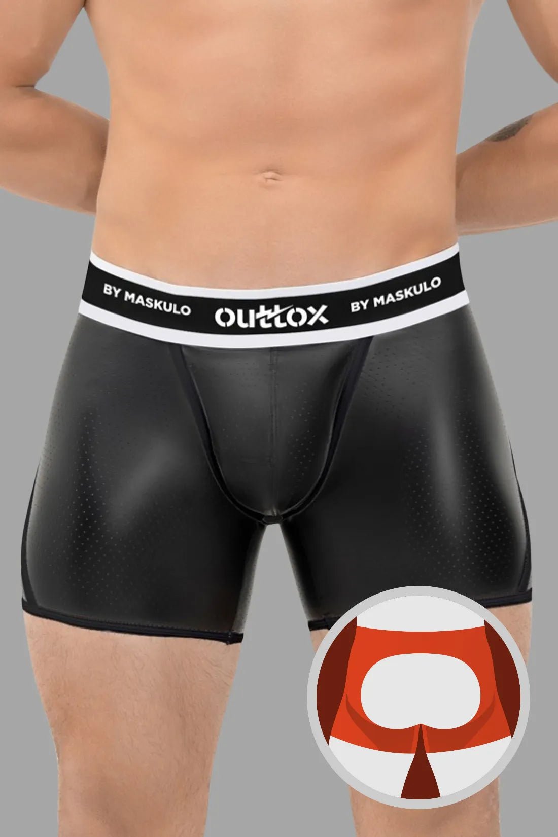 Outtox by Maskulo black shorts with snap codpiece and open rear. Made from polyester, polyurethane, and elastane blend. Perforated PU eco leather.