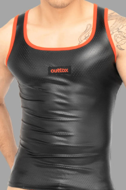 Outtox Black &amp; Red Tight Fit Tank Top from Maskulo. Perforated PU eco leather, stretchable polyester/polyurethane/elastane.