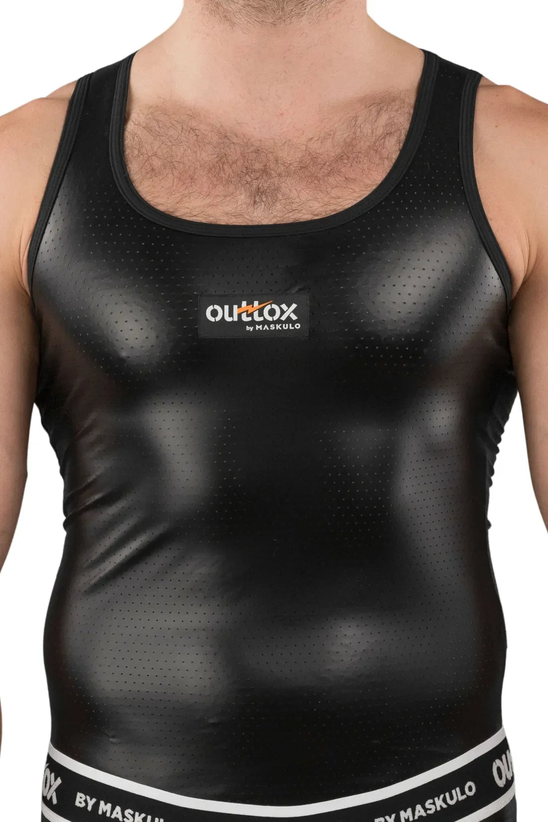 Maskulo Outtox black tank top for men. The breathable athletic wear features a sleek design perfect for gym or casual outings.