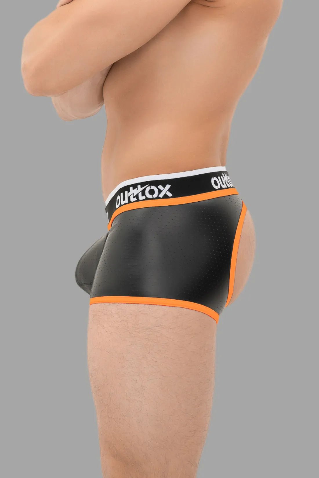 Outtox open rear trunk shorts with snap codpiece in black and orange from Maskulo Global (EU) online store for men.