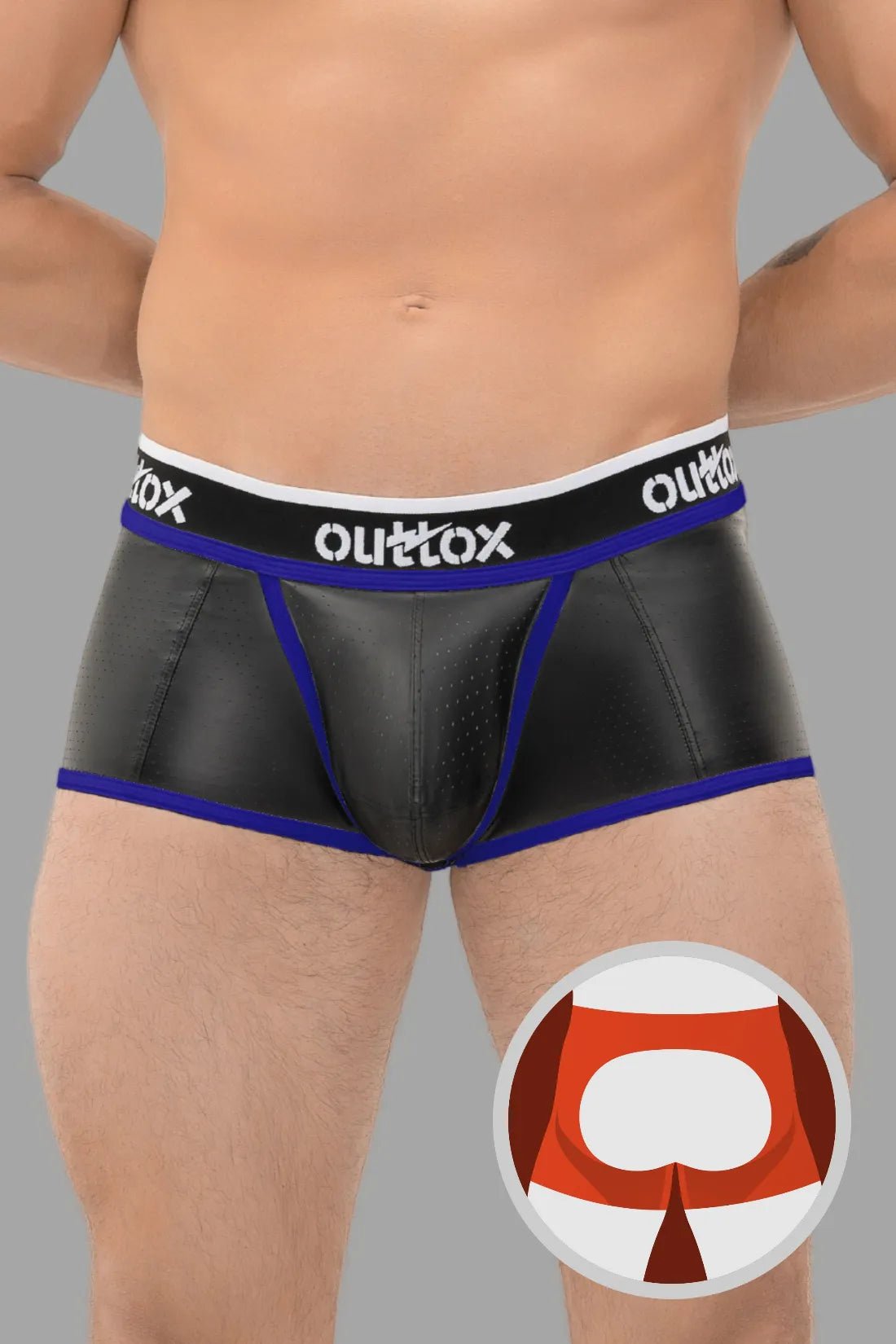 Outtox Black/Blue Open Rear Trunk Shorts by Maskulo, featuring perforated stretchable PU eco leather, snap codpiece, and logo waistband.