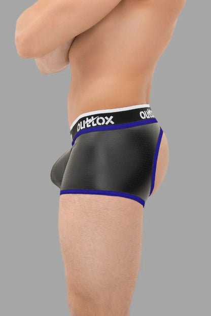 Outtox Open Rear Trunk Shorts with Snap Codpiece in Black and Royal Blue. Style TR170-62 / XTR105 by Maskulo Global (EU).