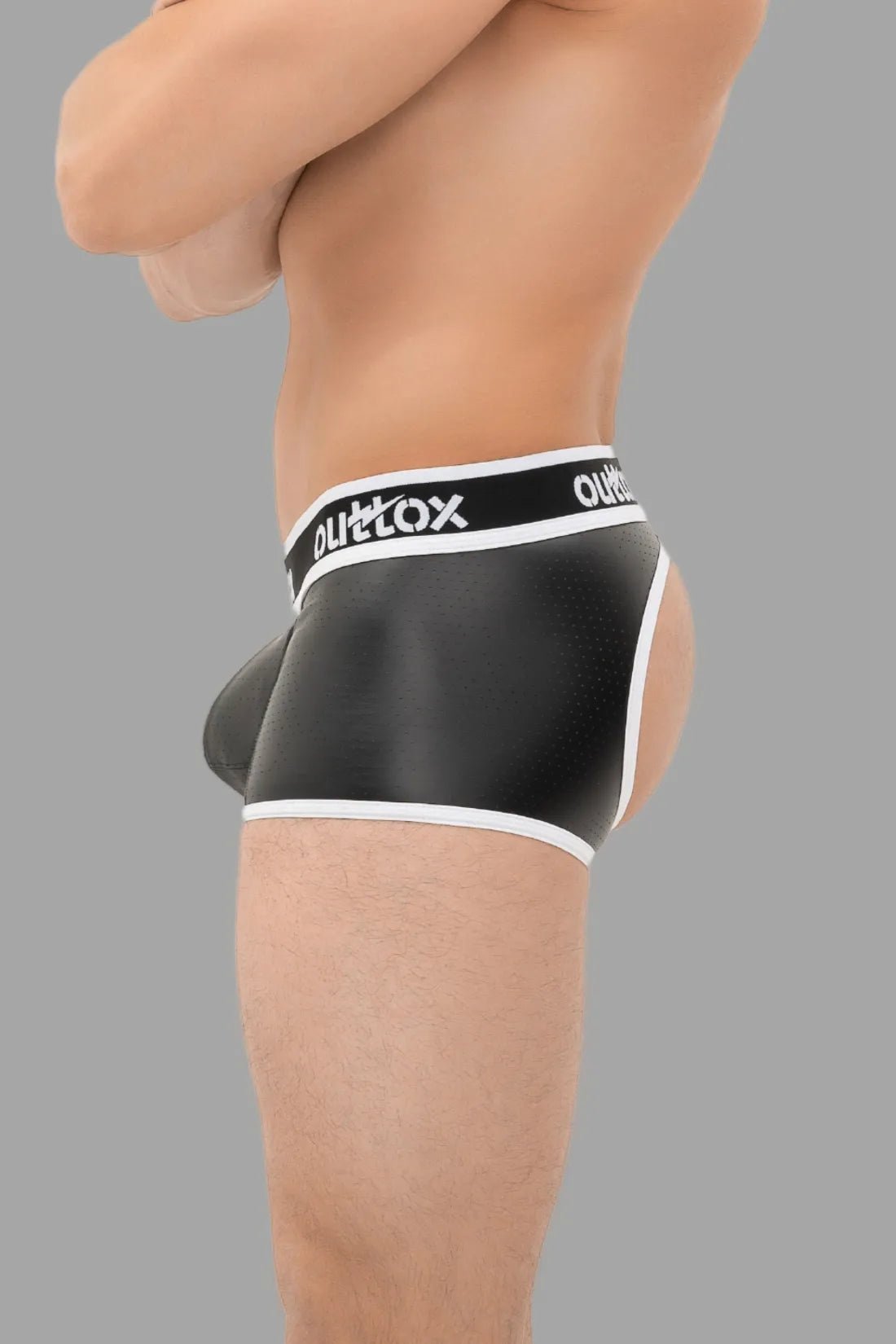 Maskulo Outtox open rear trunk shorts with snap codpiece in black and white. Men&