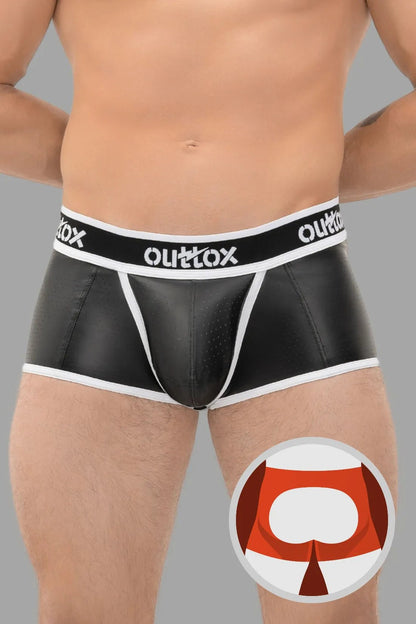 Outtox black and white open rear trunk shorts with snap codpiece, made of perforated stretch PU eco leather blend by Maskulo.