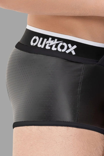 Outtox Black Shorts with open rear, snap codpiece. Perforated PU eco leather, polyester blend. Bold look, comfortable fit.