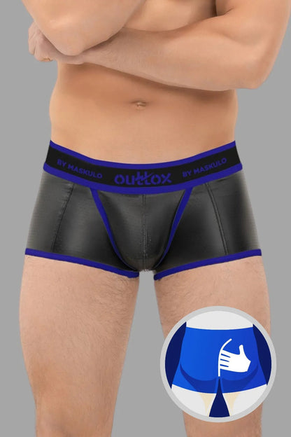 Outtox by Maskulo Wrapped Rear Trunk Shorts in Black and Blue, featuring perforated PU eco leather, snap pouch, and logo waistband.