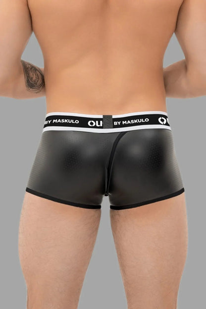 Outtox by Maskulo Black Wrapped Rear Trunk Shorts with snap codpiece. Polyester/polyurethane/elastane blend, perforated eco leather.